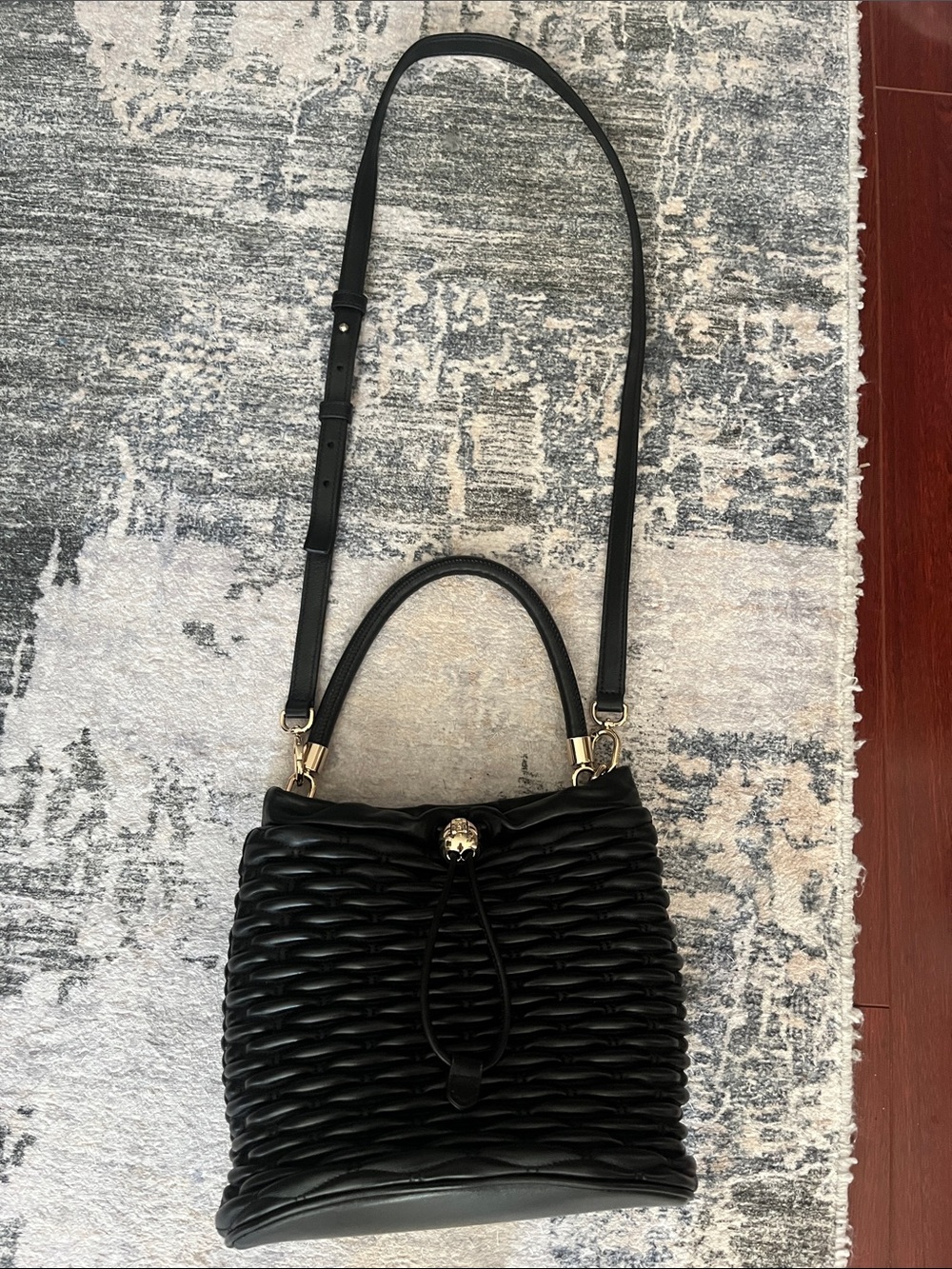 Furla Black Woven Leather Bucket Crossbody